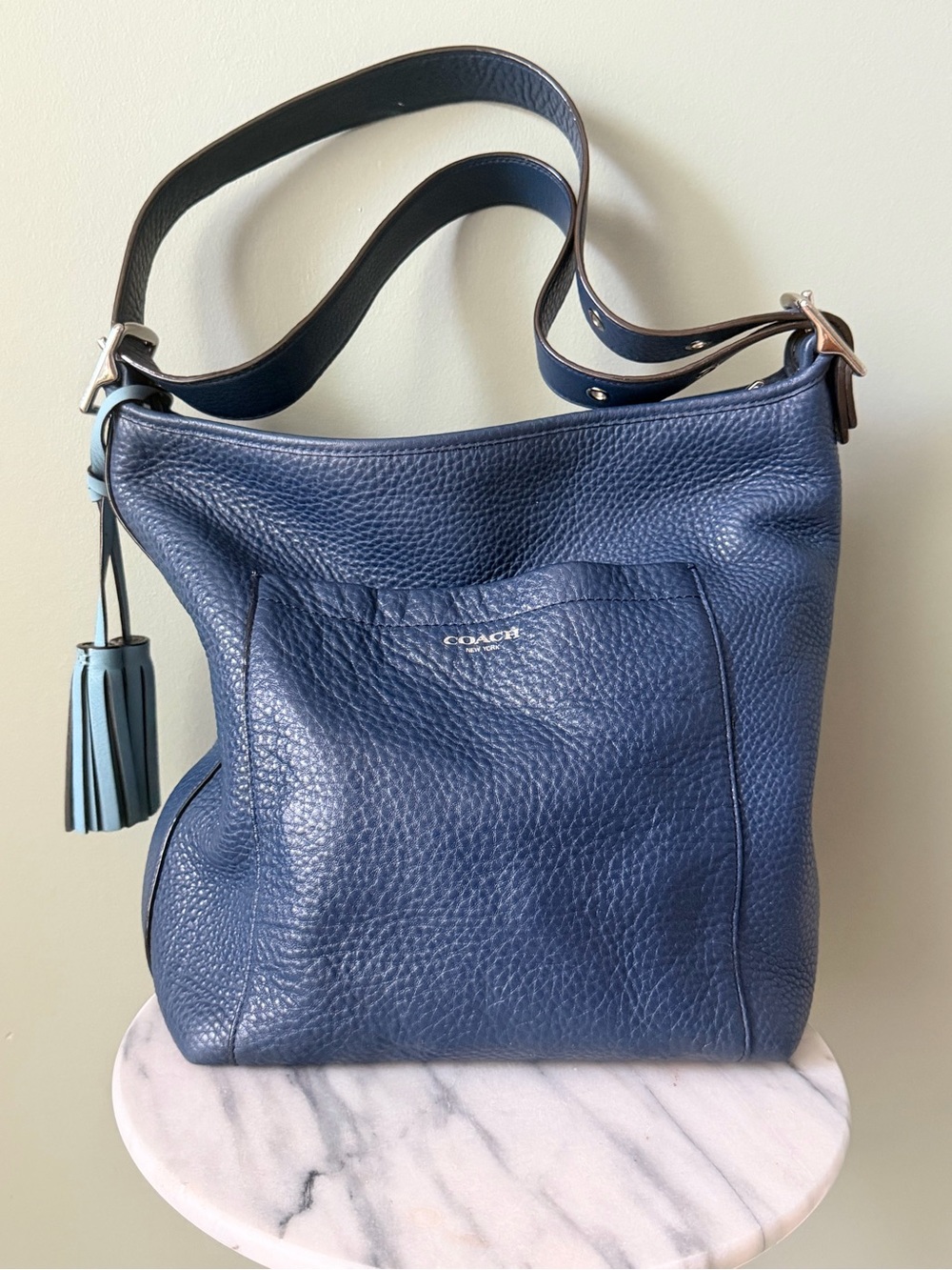 Coach Navy Blue Pebbled Leather Hobo Shoulder Bag Tassel Silver Hardware